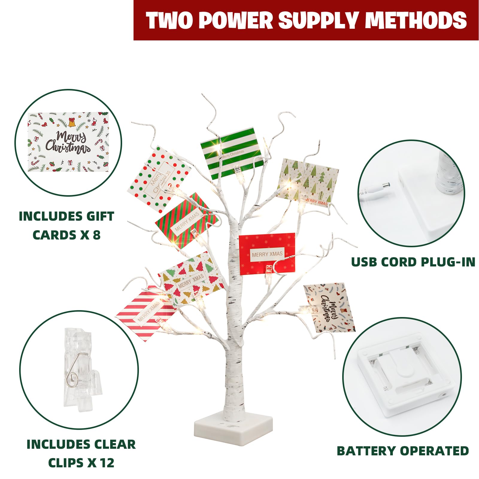 EAMBRITE Christmas Tree with Gift Cards, Money Tree Gift Holder, White Lighted Birch Tree Tabletop 2 FT 24 LED, Light Up Display